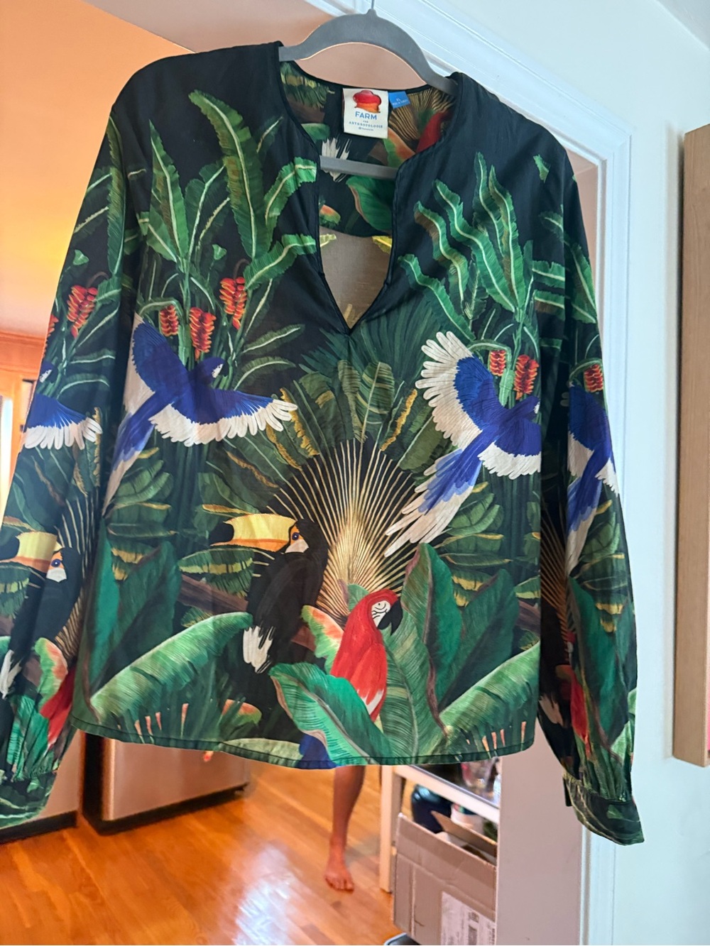 FARM Rio Jungle Bird Print Long-Sleeve Tunic — Green, Blue, Red